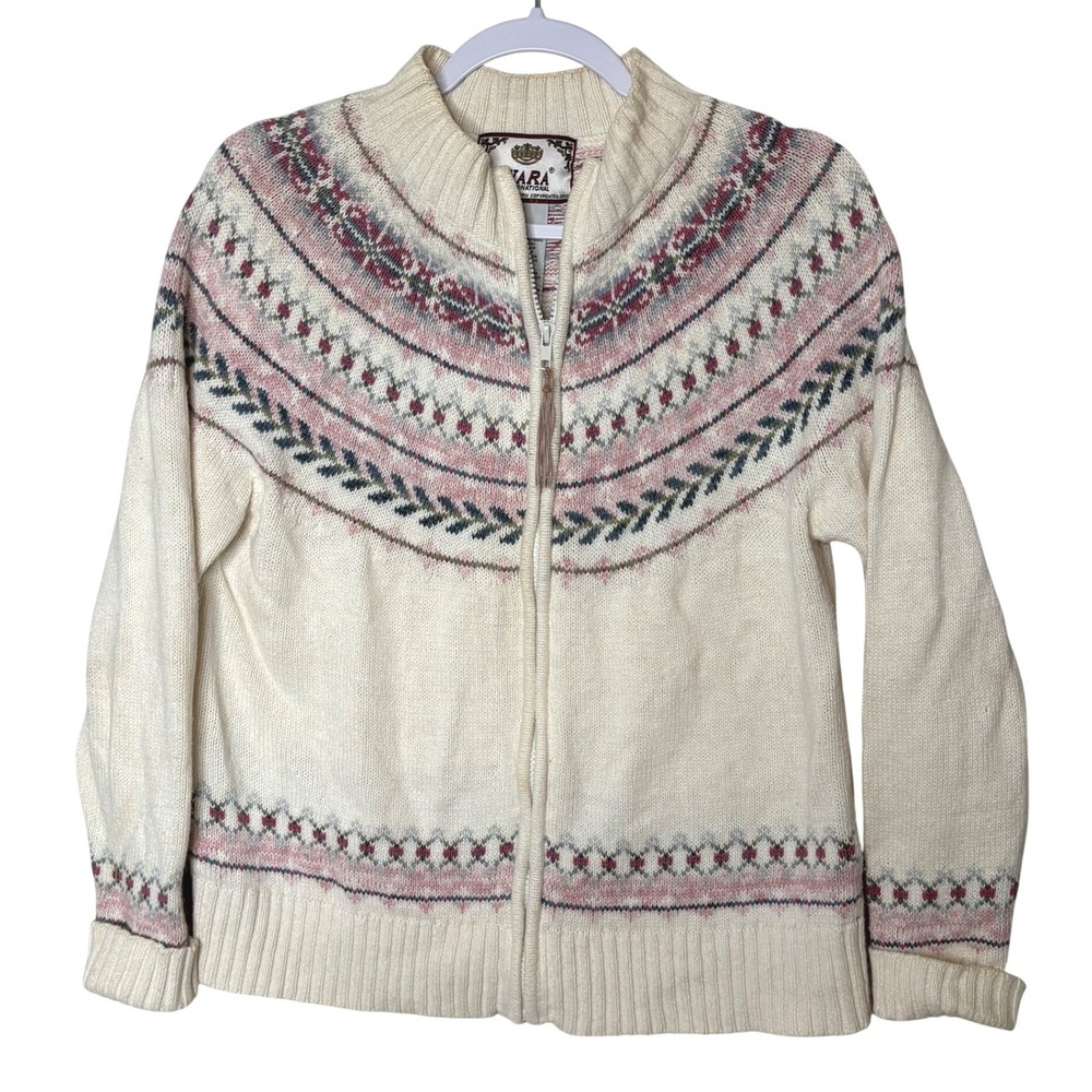 Vtg Tiara International Fair Isle Zip Sweater Cream Pink Small Cottagecore Twee